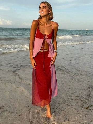 Summer Vintage Outfits | Printed Two-piece Sets Women Fashion Sleeveless Sexy Printed Silk Mesh Sling Tops