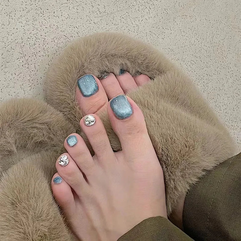 24 Blue Cat EyeTtoenails | Summer Square Fake Toe Nail | Full Cover Shiny False Toe Nails