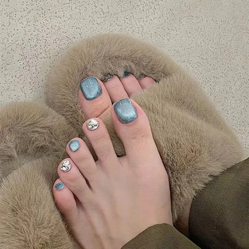 24 Blue Cat EyeTtoenails | Summer Square Fake Toe Nail | Full Cover Shiny False Toe Nails
