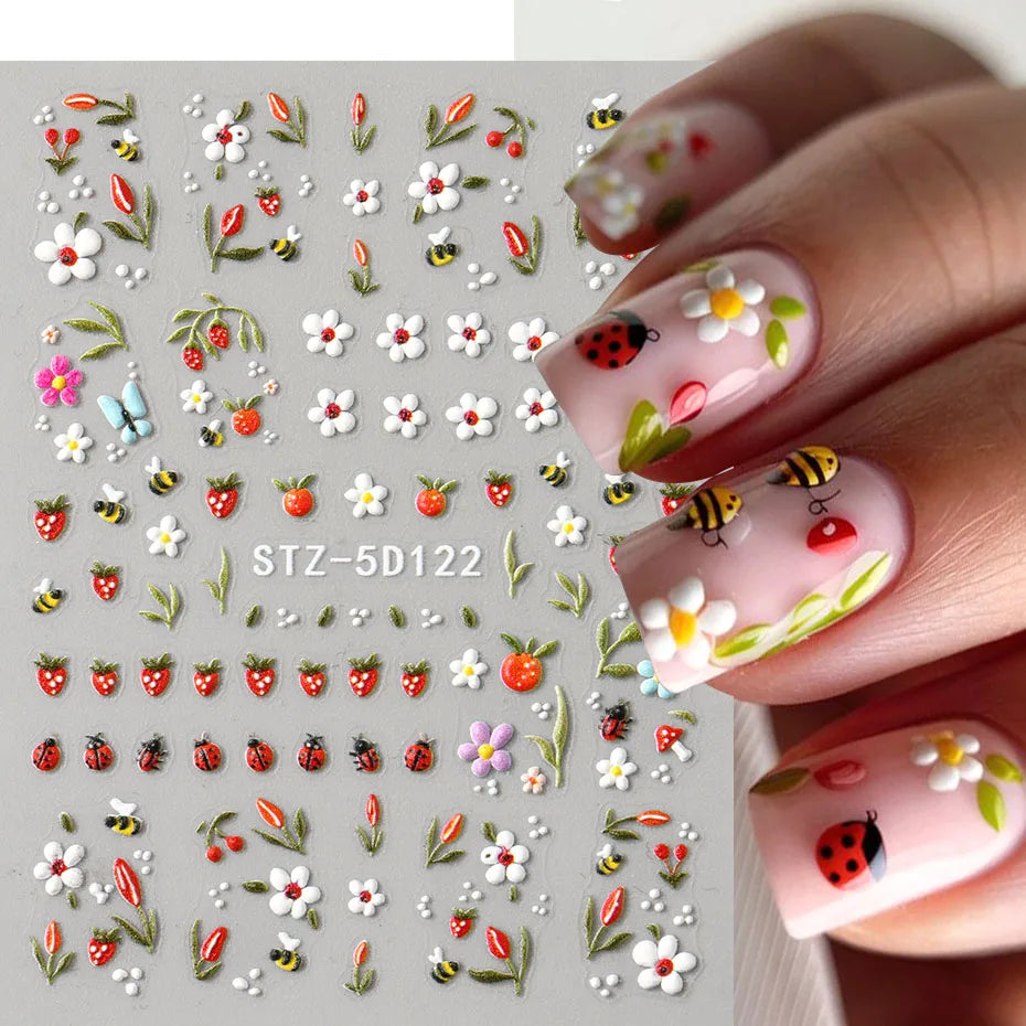 5D Cute Daisy Bee Ladybug Nail Stickers Sliders
