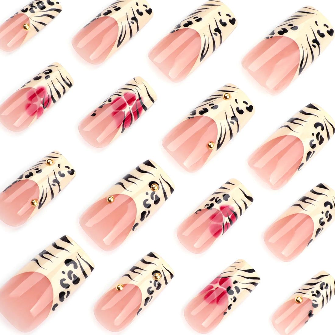 24 Leopard Print Flower Nails | French Red Flowers Fake Nails | Fashion Detachable False Nail