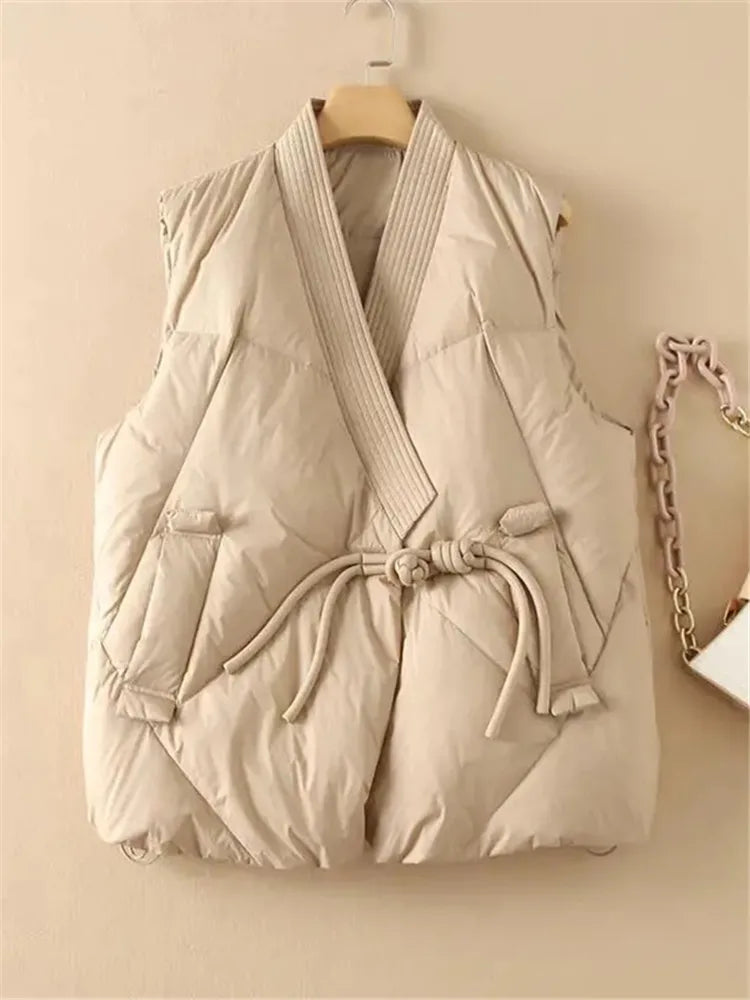 Vest Jacket For Ladies | Fashion Sleeveless Puffer Waistcoat Street Style Vests | Khaki Outwear