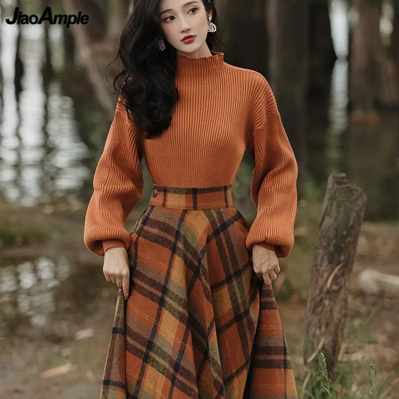 Autumn Vintage Outfit | Plaid Long Skirts Sweater Two-Piece Set | Pullover High Waist Skirt Outfit