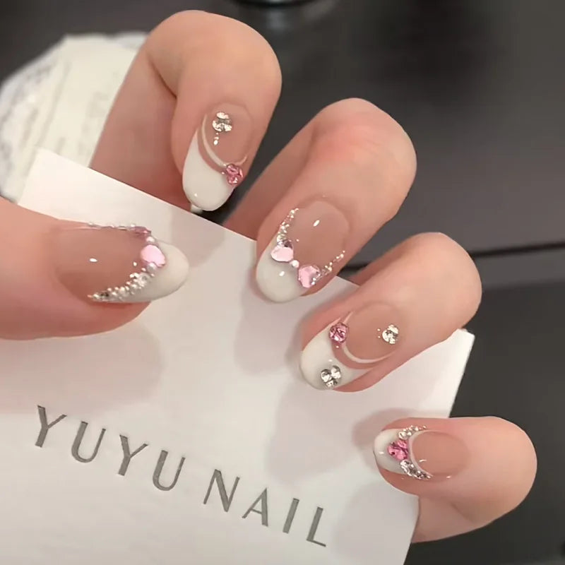 10Pcs September Short Nails | Glitter French Fake Nails | Full Cover Pink 3D Bow