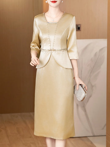 Elegant champagne 3/4 sleeve dresses for wedding guest