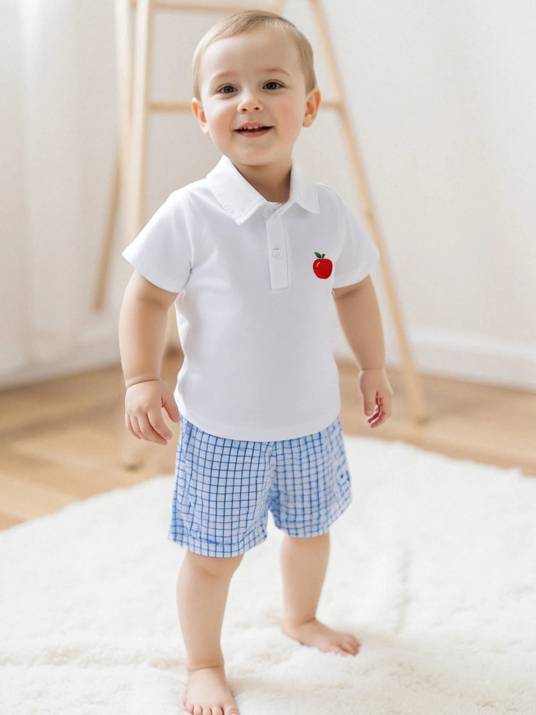 Cool Back To School Outfits For Boys with Apple Embroidered Short Sleeve Shirt and Grid Elastic Waist Shorts - 2 Piece