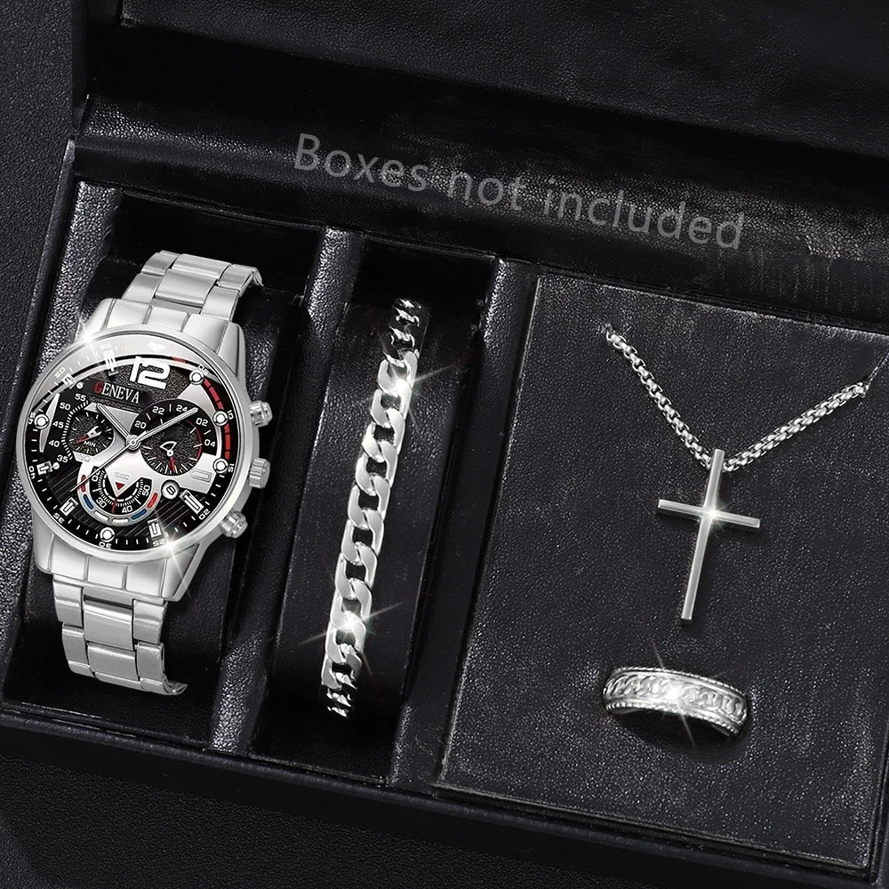 4PCS/Set Unique Gift For Boyfriend Birthday | Stainless Steel Band Watch Casual Calendar Quartz Watch