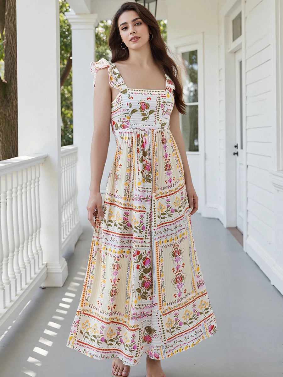 Chic Adjustable Strap Floral Midi Dress in Retro Style