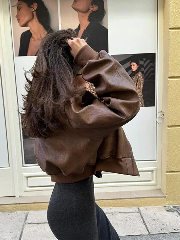 Short Leather Women's Jacket Casual Vintage O-neck