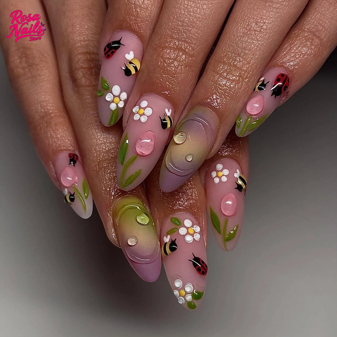 10 Garden Ladybug Nail | Handmade Press on Nails | Almond Summer Garden Ladybug Nail