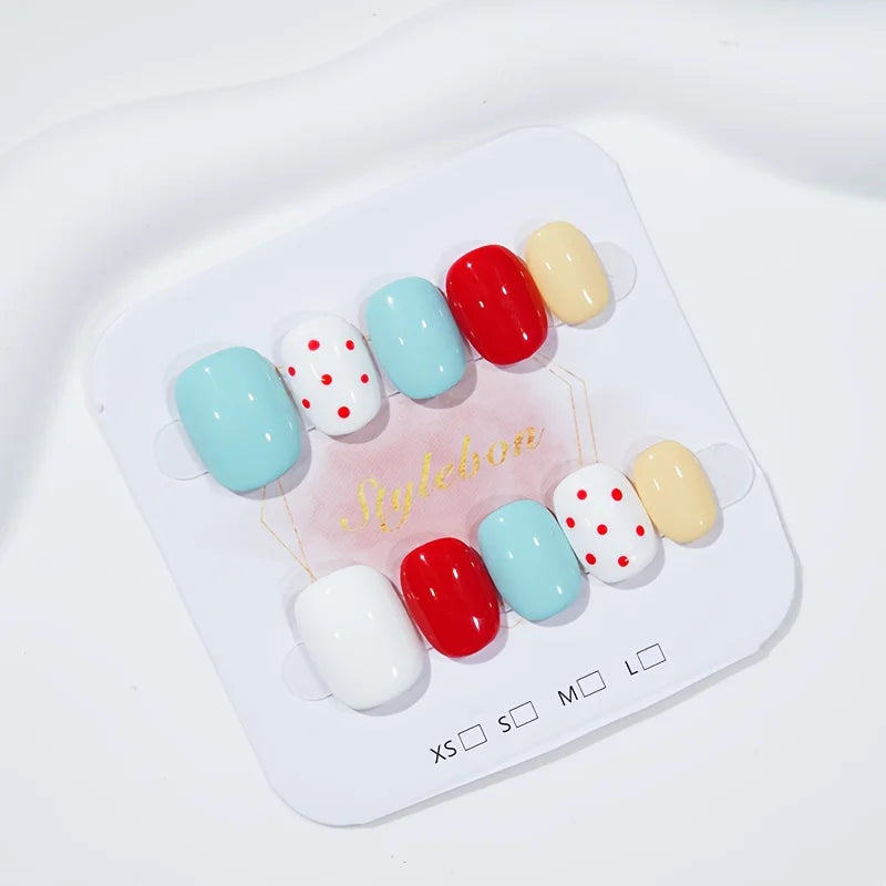 10 Solid Color Polka Dot Nails | False Nail Short Oval Detachable Wearable Nail for Women