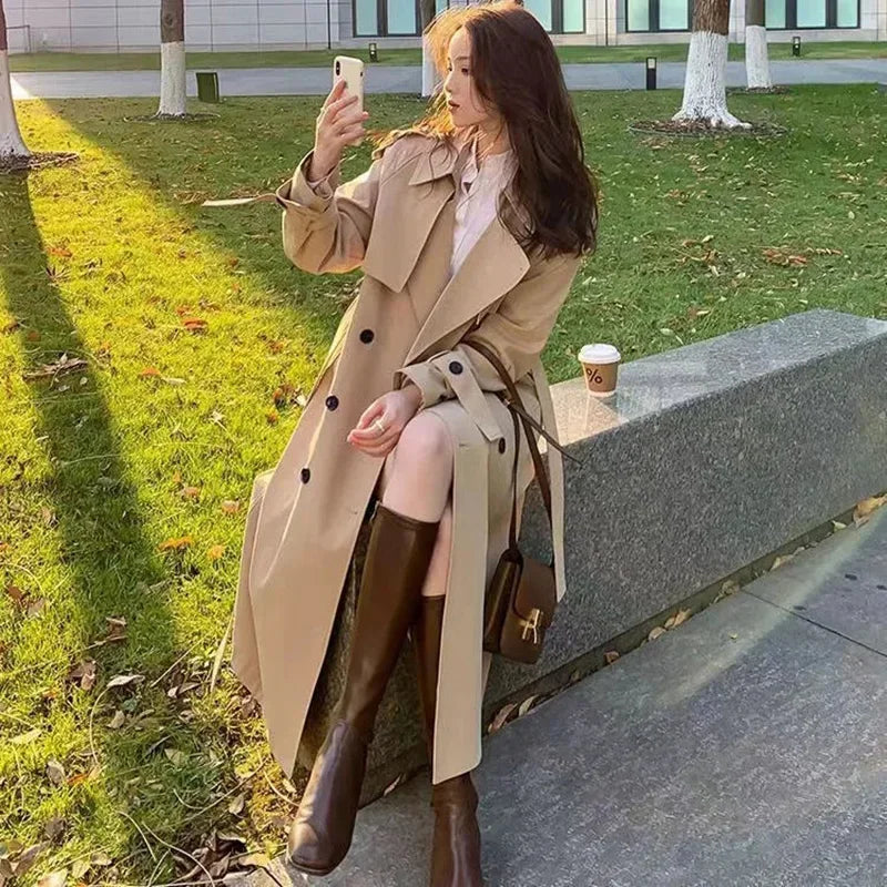Trench Coat Outfit Ideas | Midi Length Fashion Korean Elegant Khaki Black Women's Windbreaker Coat