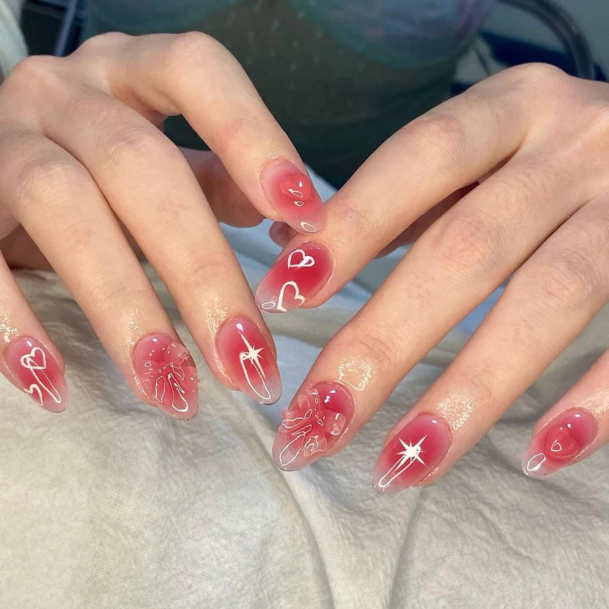 24 Red Bow Nails | Fake Nails with Red Smudge 3D Bow Design False Nails