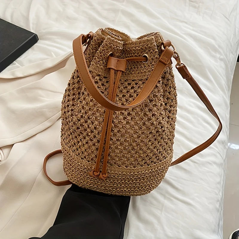 Stylish Minimalist Single Color Bag Design with Summer Straw Design - Chic Beach Drawstring Satchel for Women