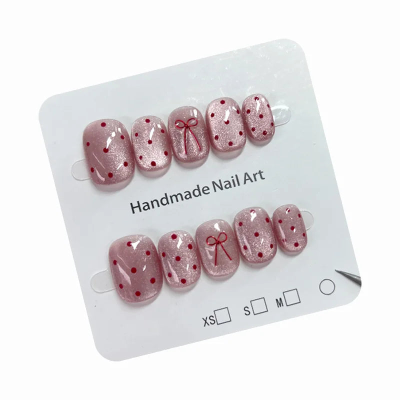 10 Short polka dot nails | Solid Color Designs with 3D Bow for Women