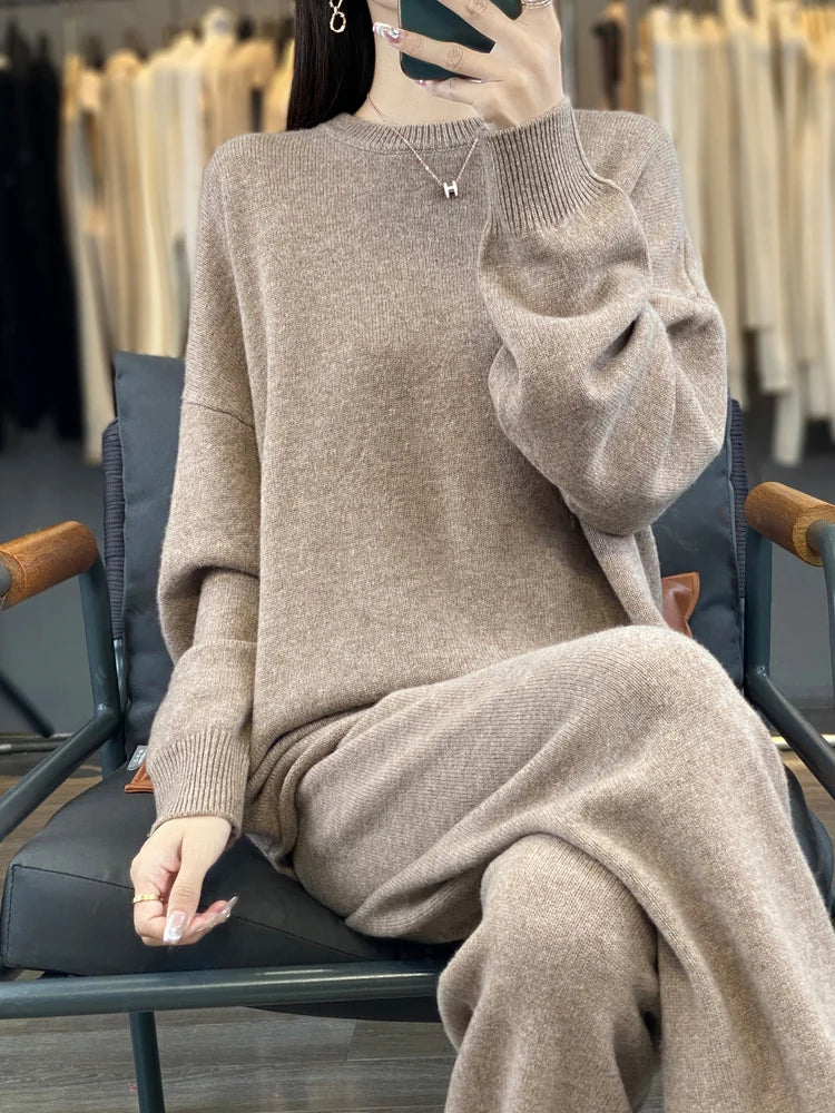 Women's Loose Suit | Winter 100% Merino Wool O-neck Pullover Sweater | High Waist Straight Pants