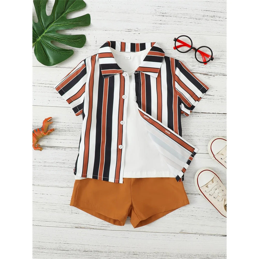 4-7 Years First Day Of School fits | Boy Striped Short Sleeves Shirt+Solid Shorts 2PCS Summer Outfit