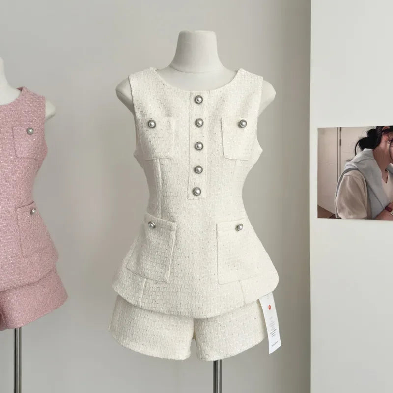 Summer Two Piece Outfits | High Quality Female Tweed Sleeveless Vest Top High Waist Shorts Set