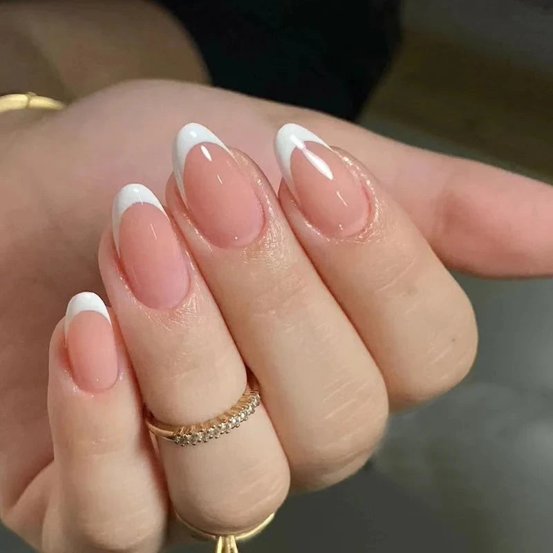 30 Pcs Almond Nail Inspo | White French Medium Short Almonds Press on Nails for Women