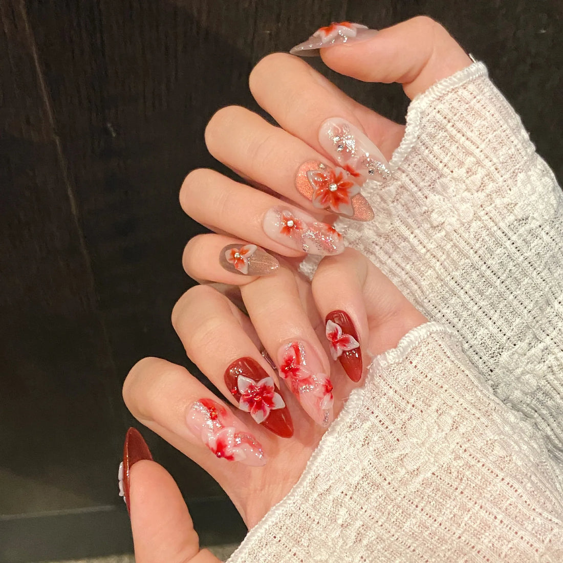 10 Short Almond Nail Ideas | Flower Design Fake Nail Tips | Detachable False Nails
