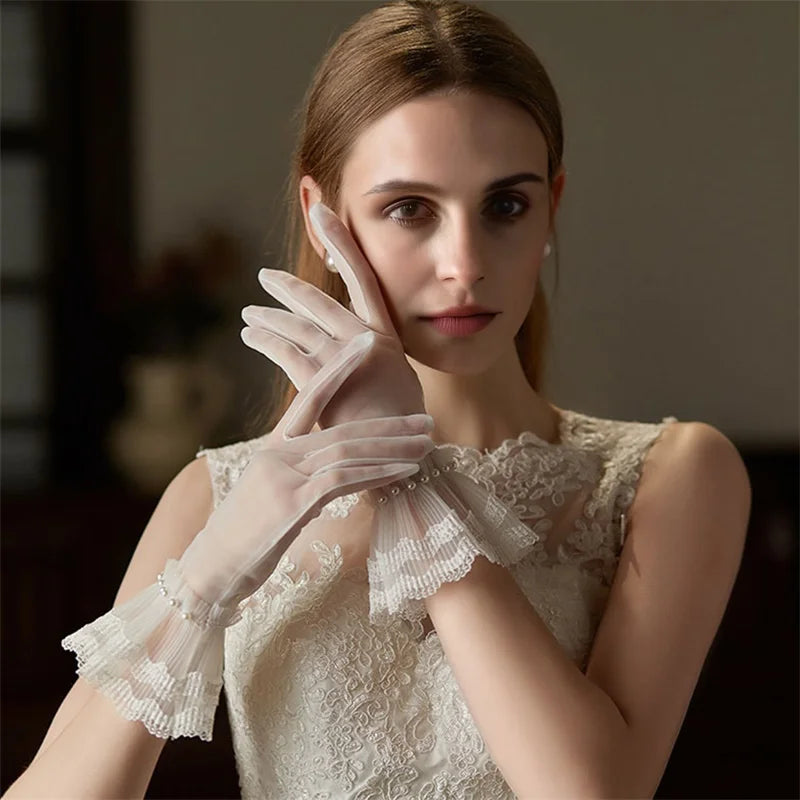Elegant Lace Fingerless Gloves with Pearl bridal prom dresses
