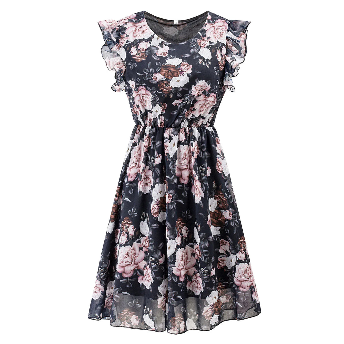 Chiffon Print Mini Dress – Lace-Up Ruffled Short Sleeve Dress for Women