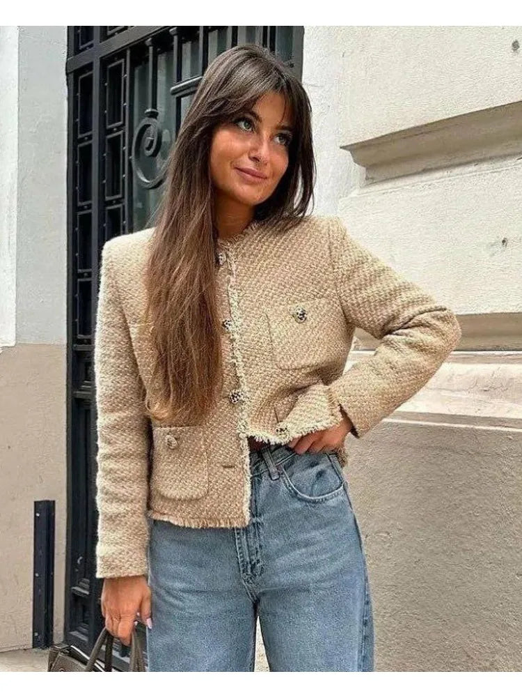 Basic Tweed Jacket | Women Clothing | Woolen Outerwear | Long Sleeve Front Button Female Outerwear