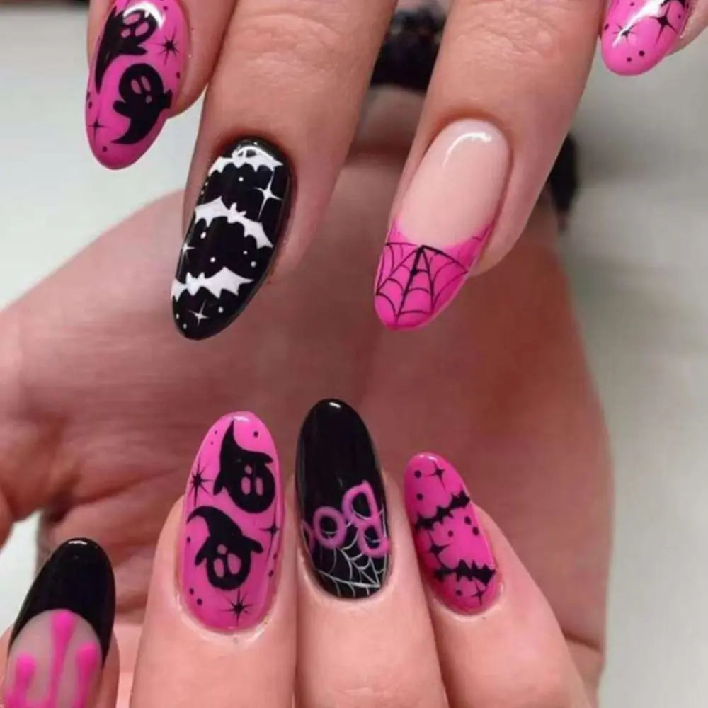 24 Halloween Nails Easy | Wearable Nails Set Black Almond Nails Set Press on | Rhinestone Reusable