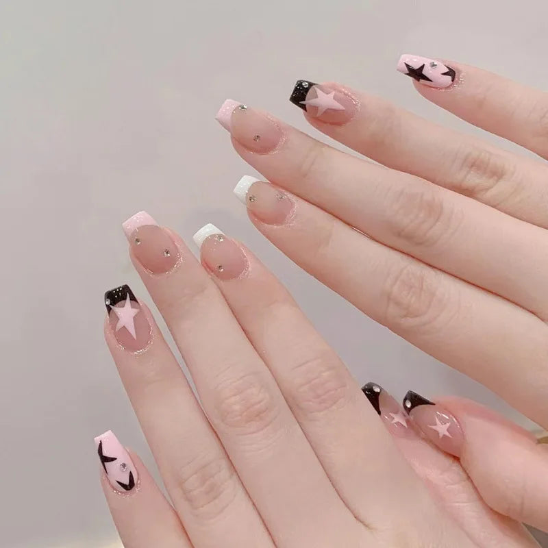 y2k Nails 24 School Nails Color | French Press Nail Tips with Five-pointed Star Pattern