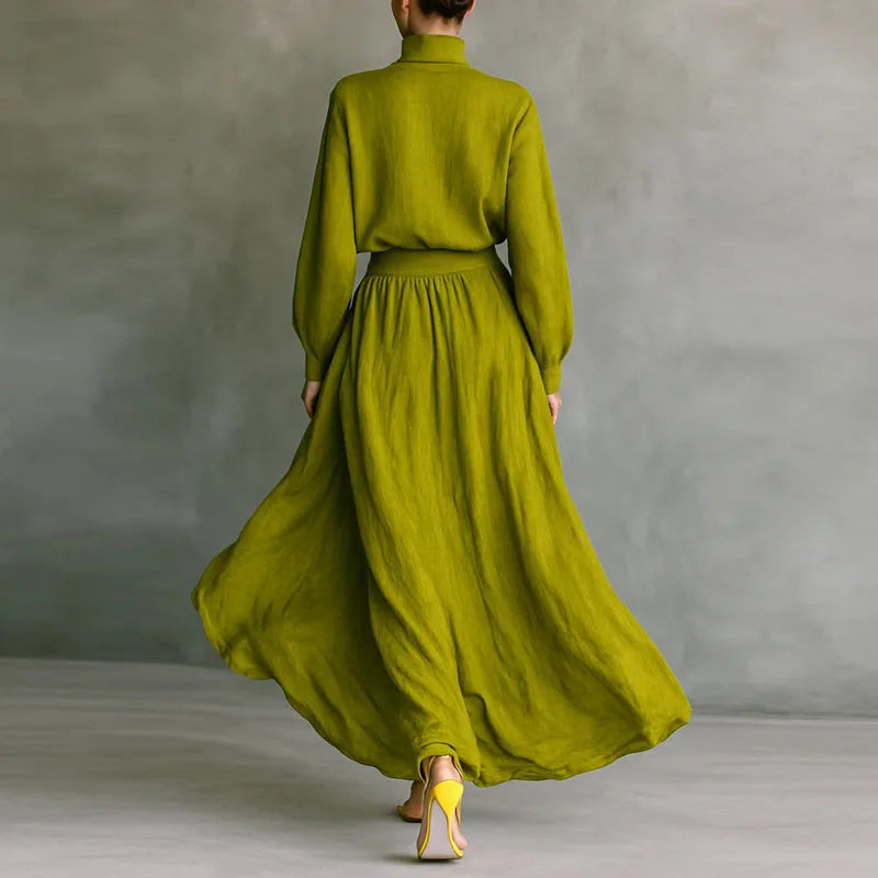 Autumn Fashion | Long Sleeve Turtleneck Top Pullover+Maxi Skirts 2 Pieces Sets | Retro Woman Outfits