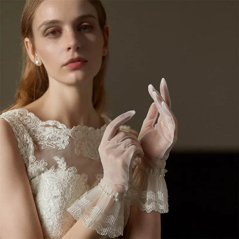Elegant Lace Fingerless Gloves with Pearl bridal prom dresses