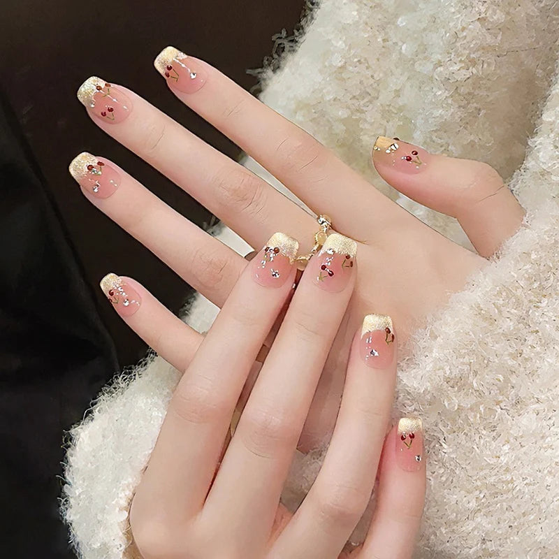 10 French Cat Eye Nails | Press on Nail Fake Nails with Cherry Pattern