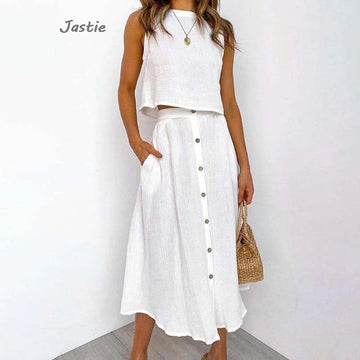 Summer Outfits For Women 2023 New Casual Cotton Linen Suit Loose Sleeveless Vest Single-breasted Skirt 2 Piece Set Women Outfit