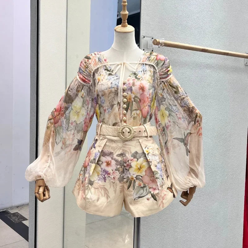 Long Sleeve Blouse | High Waist Shorts Floral Australian Designer Luxury Vintage Two Piece Set