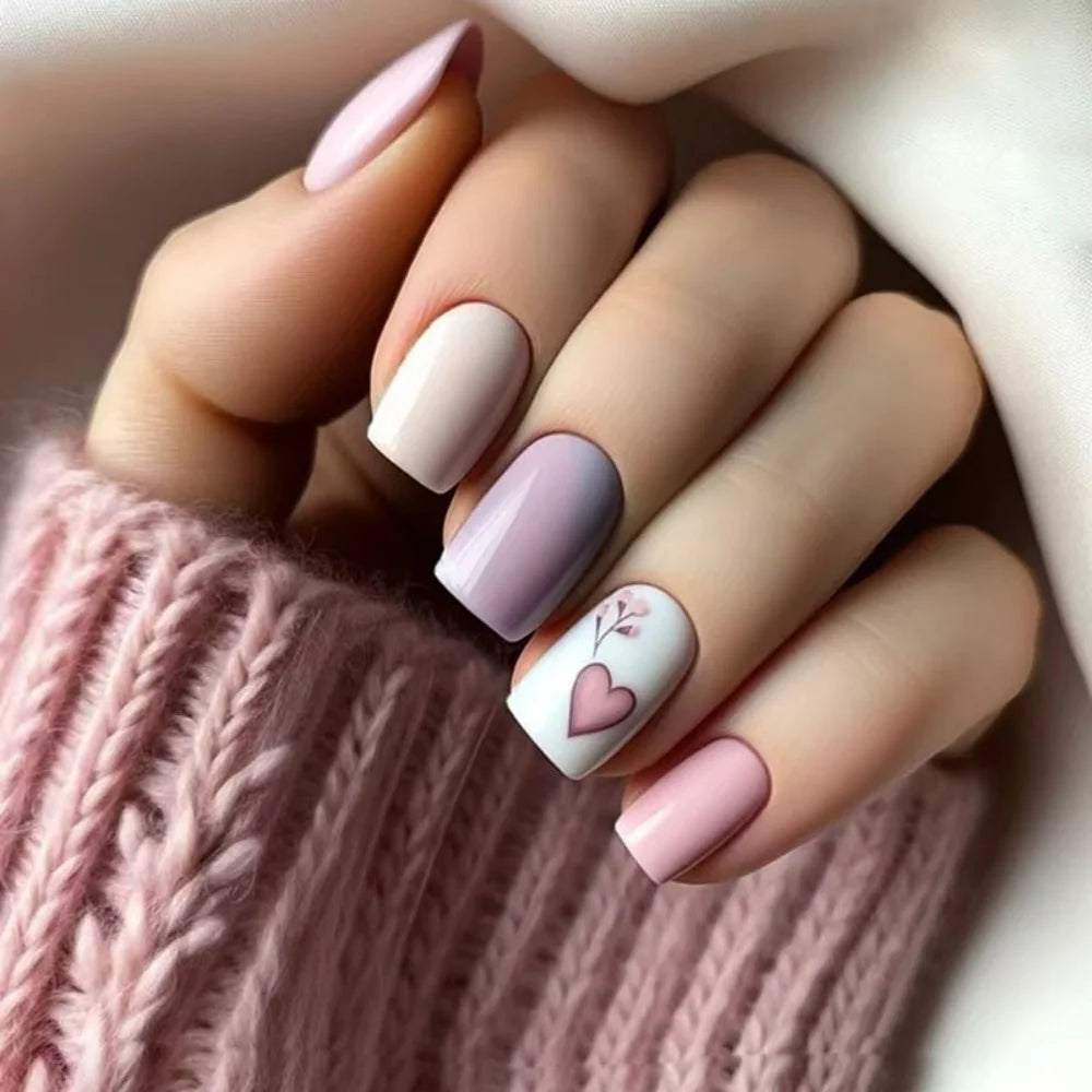 24 Solid Color Nails For Summer | Pink Full Cover Nail Tips Short Square Press on Nails