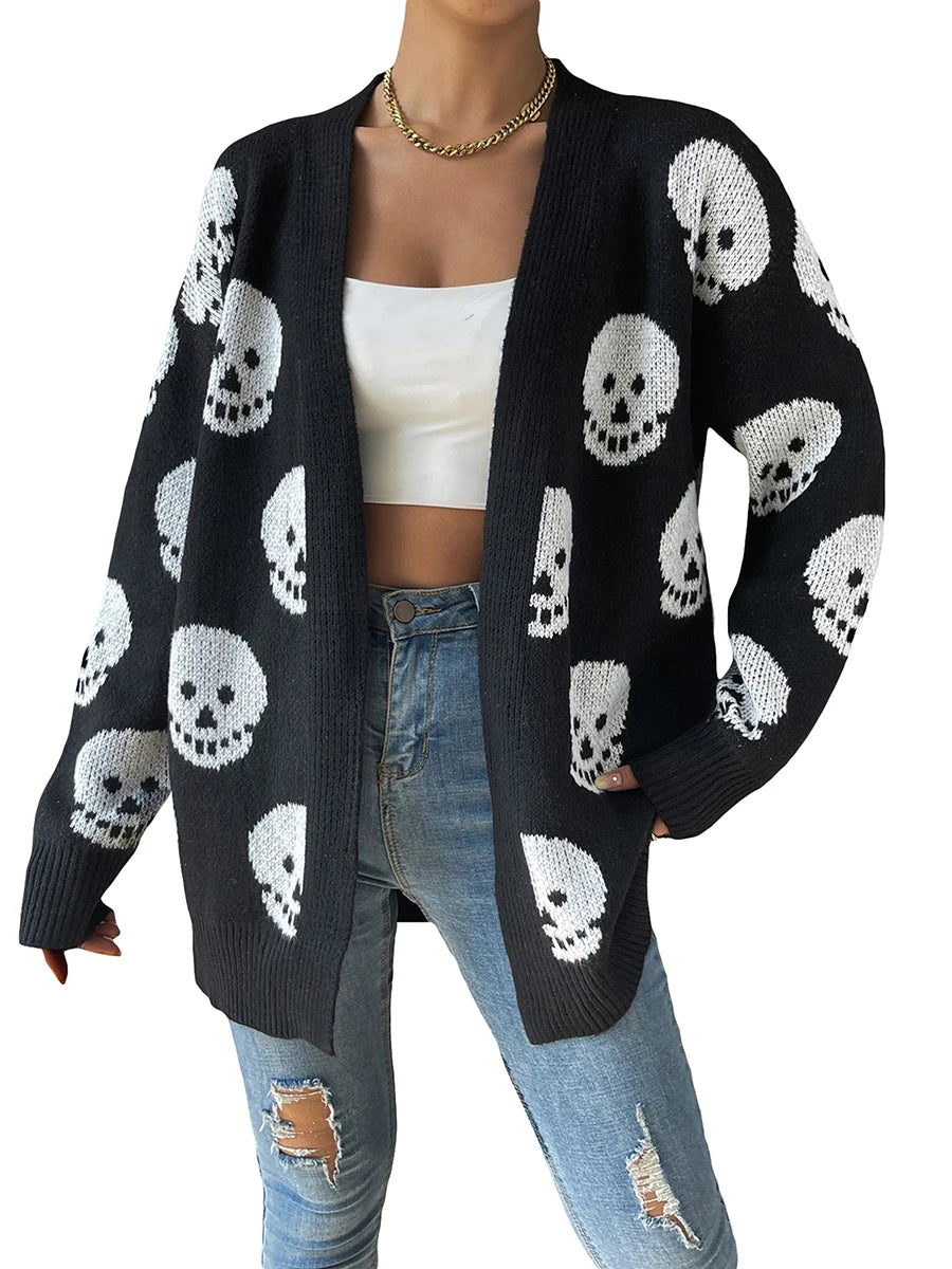 Halloween Cardigan Sweater | Long Sleeve Open Front Skull Print Knitwear Sweater