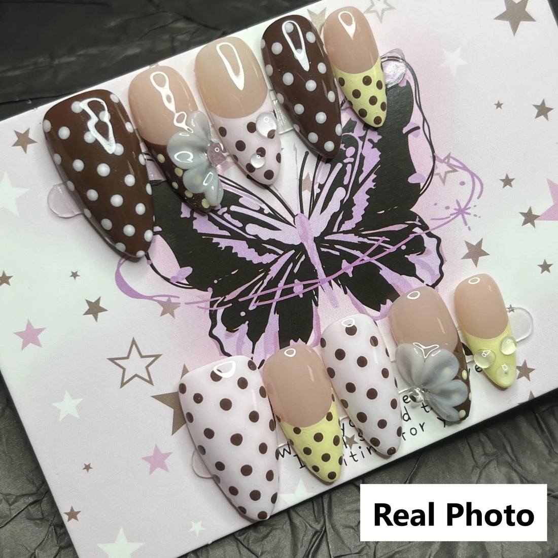 Summer Polka Dot Nails | Press ons Handmade Acrylic 3D Flower Pink Yellow Nail