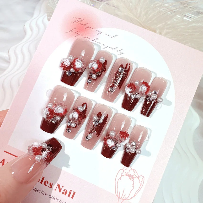 24 Rose Flower Nails | Long French Style Wearable False Nails Tips for Women