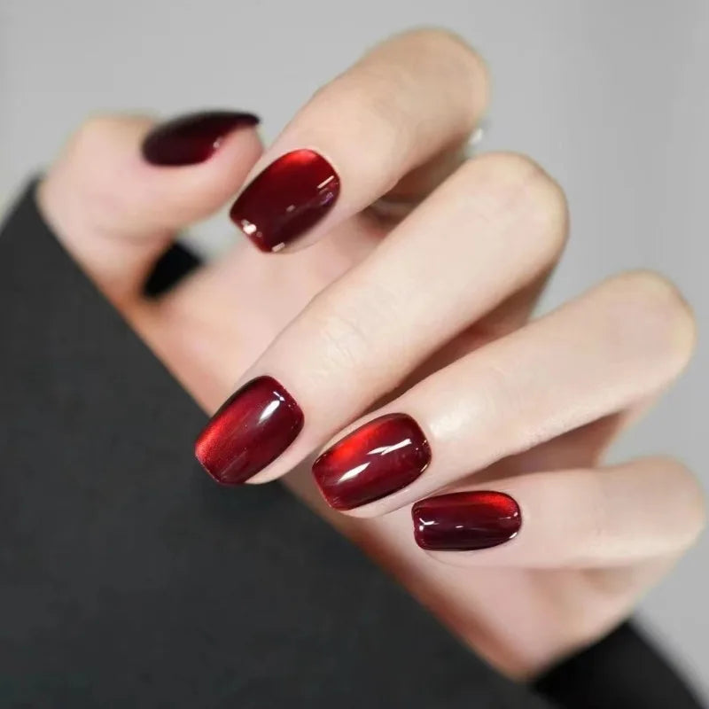 24pcs Dark Red Cat Eye Christmas Nails