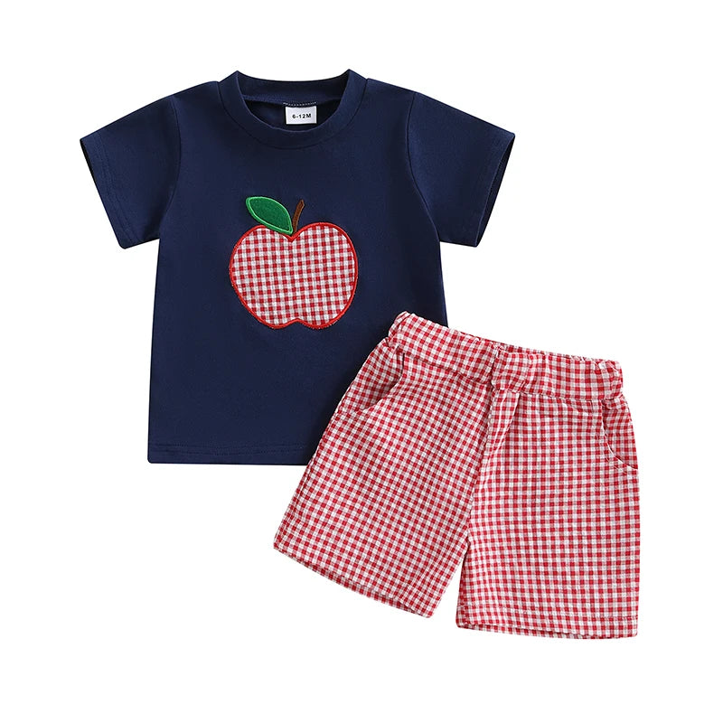 Baby Boy Back to School Outfits Short Sleeve Apple Embroidery T-Shirt Shorts Set