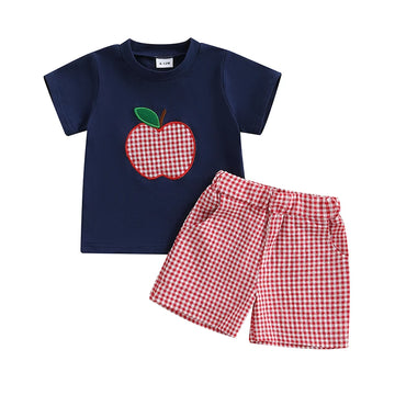 Baby Boy Back to School Outfits Short Sleeve Apple Embroidery T-Shirt Shorts Set