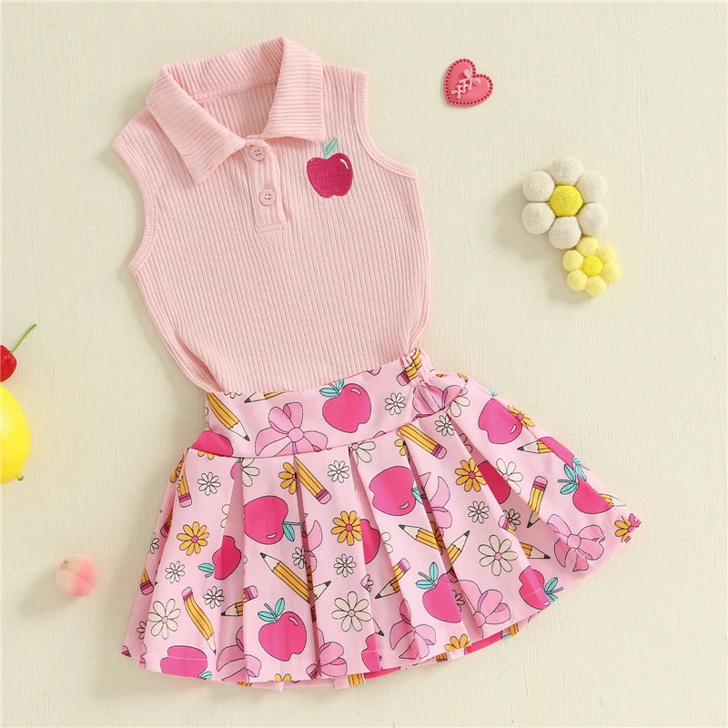 Kids Girl Back to School Outfit | Tank Tops and Pleated Skirt Set for Toddler Summer Clothes