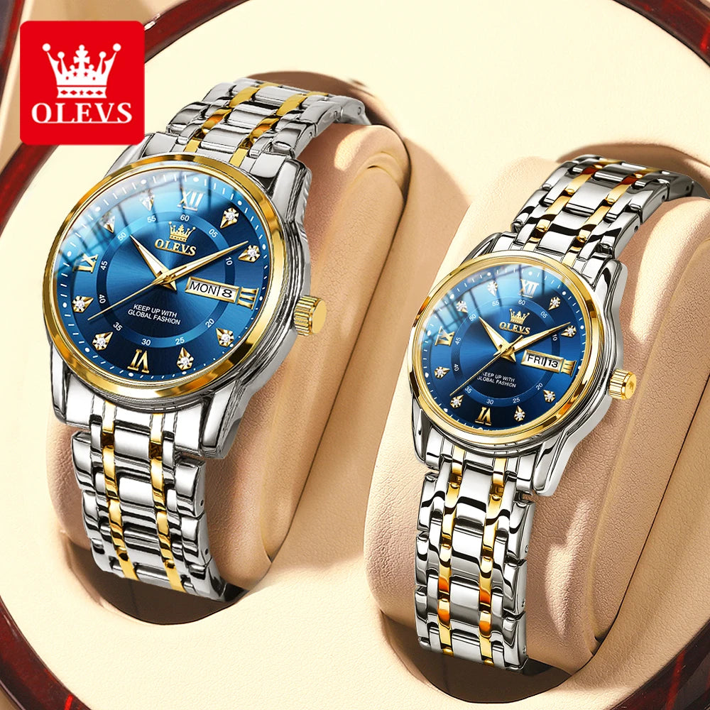 OLEVS 5513 Couple Watch For Wedding | Stainless Steel Waterproof Double Calendar Trendy Quartz Watch