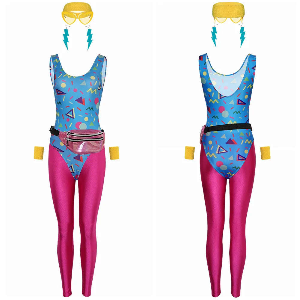 80s Jumpsuit Womens | Vintage Cosplay Tracksuit Yoga Costume Headband Leggings Fanny Pack Set Cloth Halloween Roleplay Suit