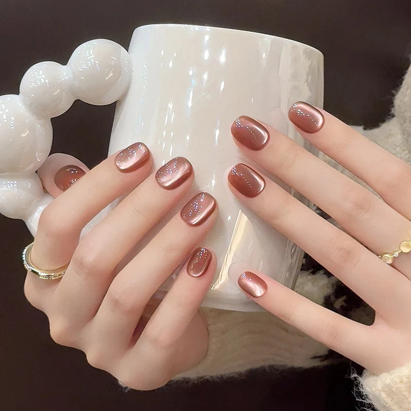 10pcs Handmade light brown cat eye nails for Girls | Solid Color Press on Nail Art Manicure