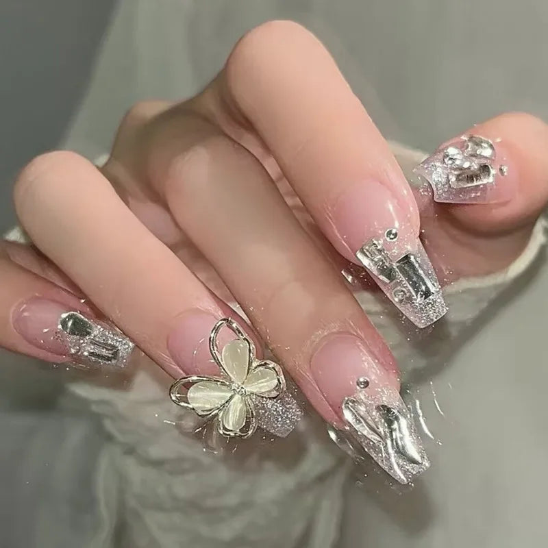 24 Black Bow Nail Art | Wearable Fake Nails Press on Square Head False Nails