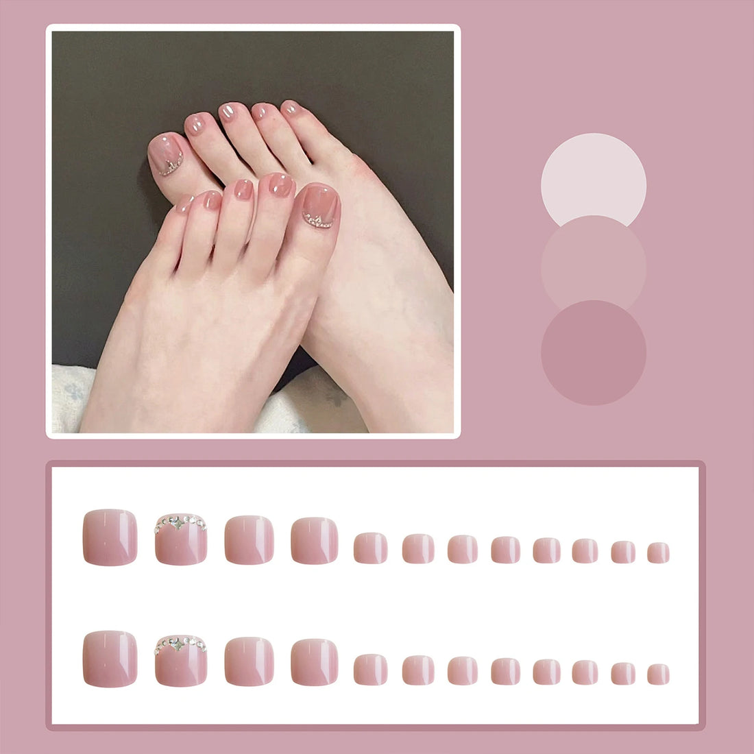 24Pcs Summer Nude Pink Toenails – Shiny Diamond Decor for Women