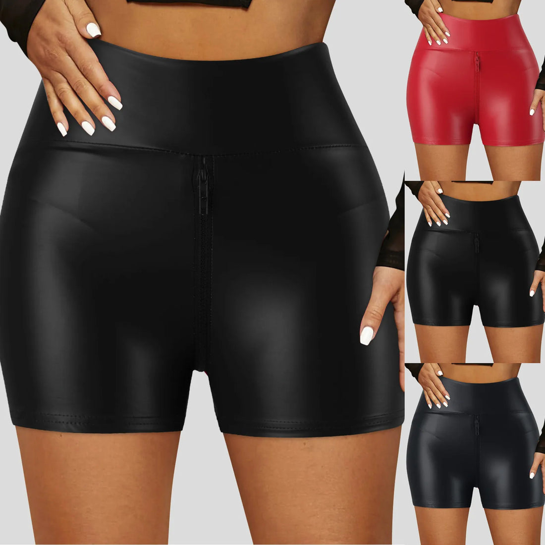 Women's Sexy High Waist PU Leather Shorts with Zipper and Butt Lift Design