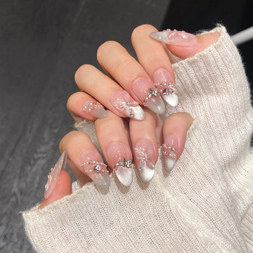 10Pcs Pink Cat’s Eye French Fake Nails with Butterfly Design