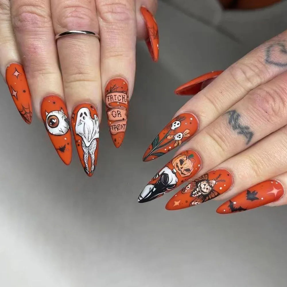 24 Purple Valentines Day Nails | Pumpkin Spider Flame Pattern Fake Nail